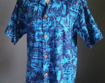 Authentic 50s Royal Hawaiian button up shirt, mens Medium Deep tones of blue & gold surfers, Mint cond. summer beach bum Made n Hawaii