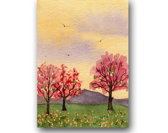 ACEO watercolor SPRING original painting SFA miniature dollhouse mini landscape