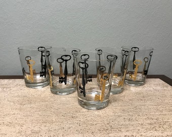 Vintage Black and Gold Key Rocks Glasses - Set of 5