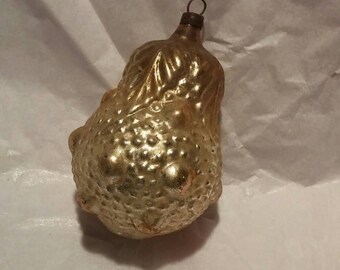 Rare Pear Figural Fruit Christmas Ornament Antique Hobnail Bumpy Glass Golden Blown Collector Gift Display