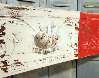 Hand CARVED WOOD PEDIMENT Antique French Shabby Bow Fruit Architectural Salvage Upcycled Custom furniture Mount Cornice Crest Panelling 19th