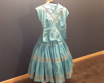 1950's Patio Set Fiesta Skirt and Blouse Blue with Rick Rack Southwest Indian Mexican