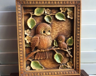 Vintage Owl Wall Hanging/Owl Mom and Baby Picture/Owl Nursery Decor