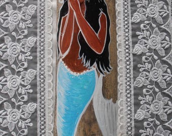 Beautiful Hand Painted Afro-Caribbean Mermaid on driftwood/Bamboo, Bathroom Mermaid Decor