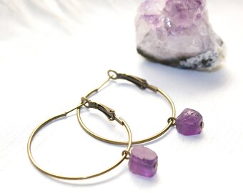 Raw Crystal Hoop Earrings, Amethyst Hoops, Amethyst Earrings, Raw Crystal Earrings, Raw Amethyst Earrings, Minimalist Hoop Earrings