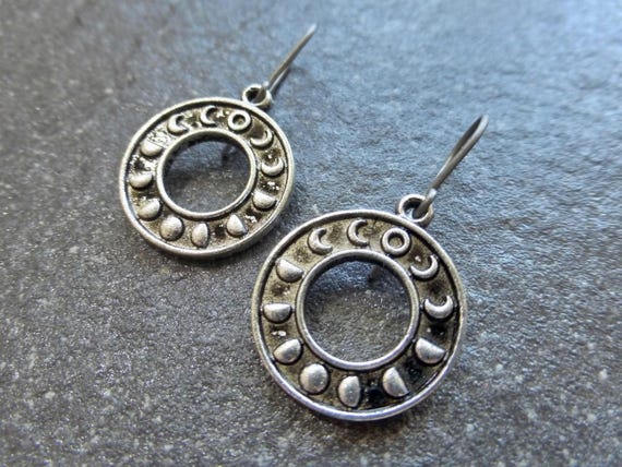Antique Silver Moon Phase Earrings With Hypoallergenic
