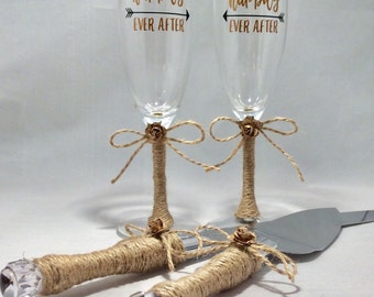 Rustic Boho Wedding Decor Toasting Glasses and Cake Server Set Cake Knife & Server Set, Happily Ever After, Toasting Flutes, Wedding Decor