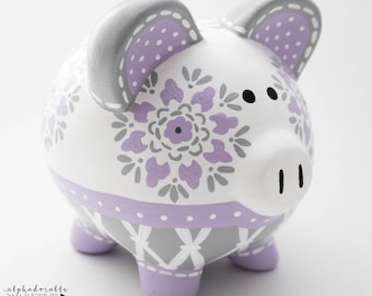Dahlia Medallion Personalized Piggy Bank in Lavender and Grey