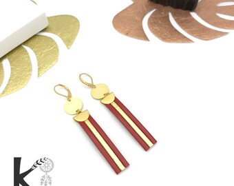 Red leather and gold dangling earrings matte