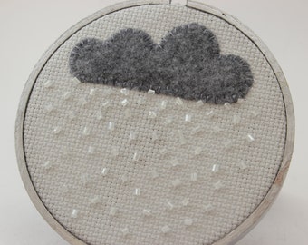 Little Gray Rain Cloud Embroidery Hoop Art with Felt and Beading.
