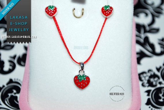 Best Price Juicy Strawberry Red Enamel Set Jewelry Necklace Earrings Sterling Silver White Goldplated Girl School Moda Kids Collection OFFER