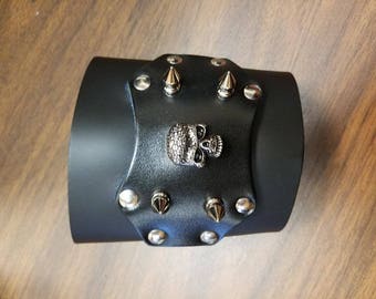 Black leather Skull and Spikes biker cuff wristband bracelet