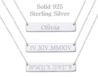 925 Sterling Silver Custom Coordinates Necklace, Latitude Longitude Necklace, Bar Necklace, Monogram, Greek Letters, Bridesmaid Gift