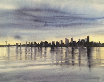 Seattle skyline, Seattle skyline print, Seattle print, west Seattle, puget sound, Seattle watercolor, Seattle Art, west Seattle print,