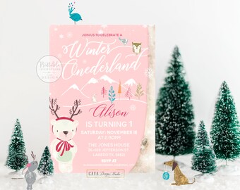 Winter ONEderland Invitation, Girl First Birthday, Winter Birthday Party, Pink Onderland Invite, Snow Birthday Invitation