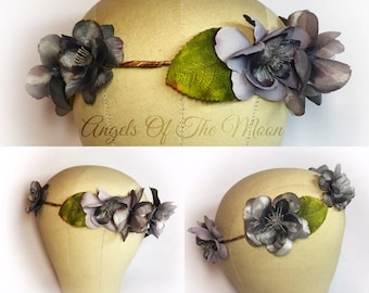 Gray flower crown, bridal headpiece, woodland wedding, charcoal flower crown, leaf crown, woodland hair wreath, circlet, rustic flower crown