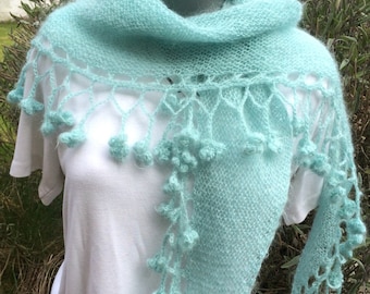 Hand Knitted scarf, Shawl, Wrap, Shawlette scarf "Dicentra Glacier"