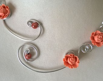 Open collar necklace, Wire necklace, Wedding necklace , wedding jewelry, Flower necklace, Open necklace, - Design jewelry