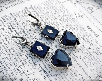 Jet Vintage Style Earrings Victorian Jewelry Handmade, Black Heart Gothic Jewelry Mourning Rhinestone Earrings