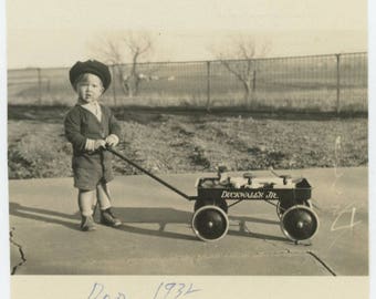 Vintage Snapshot Photo: Donnie, with Toy Wagon, 1932 (711620)
