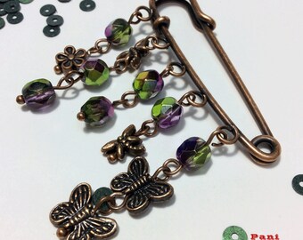 Safety pin brooch "Twilight". Czech faceted glass beads, copper beads, copper safety pin.
