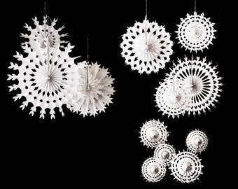 Paper Snowflake Frozen White Christmas Hanging Fan Decorations Pack of 12