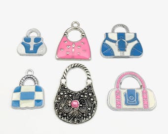 6 handbag silver tone and enamel charms,18mm to 33mm #ENSA 03