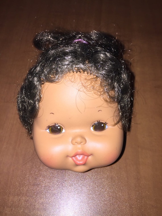 Vintage Rare Tan Tone Doll Head with Ponytail and Pink Hair Bow Dollmaking Supplies NOS H3