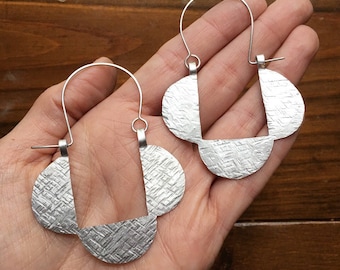 Hammered metal hoop earrings, triple half circle hoop earrings, geometric earrings