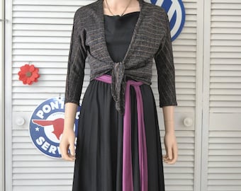 Vintage Womens 70s Black Disco Dress with Metallic Shrug Spaghetti Strap Disco Dance Dress & Multi Color Bolero Purple Sash Belt/Teens Small