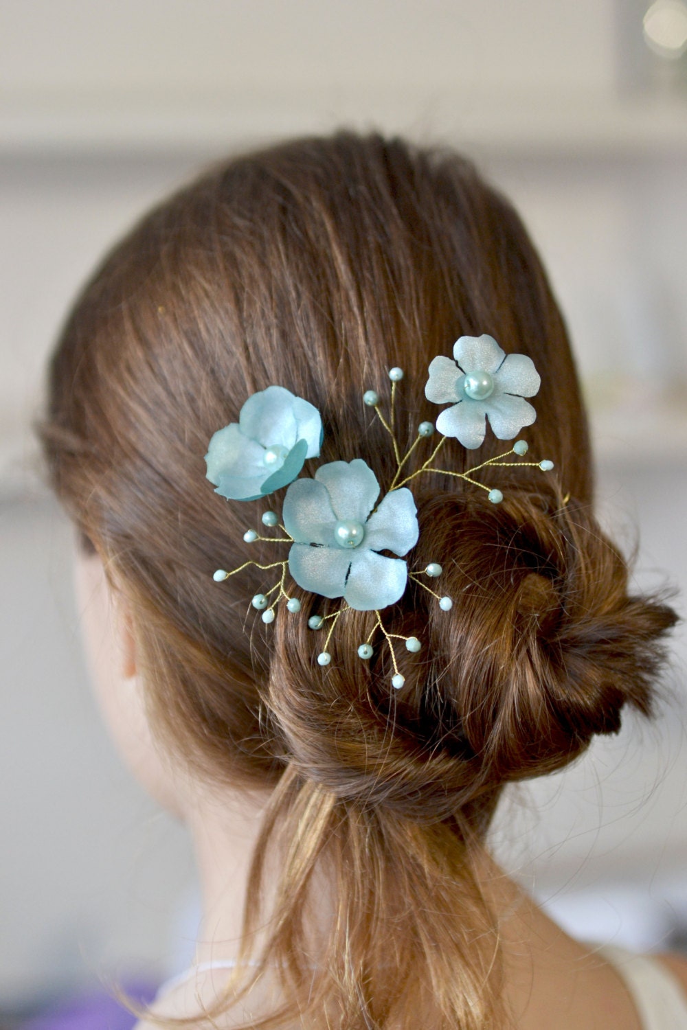 Blue flower hair pin Crystal hair vine Blue floral pin Bridal