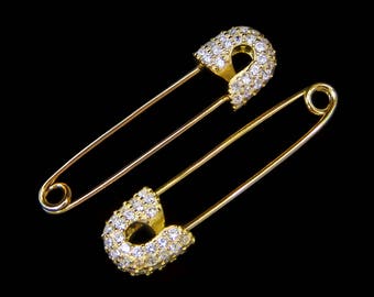 925 Sterling Silver- 18k Gold Plated Safety Pin Earrings. Retro Pavé safety pin drop earrings