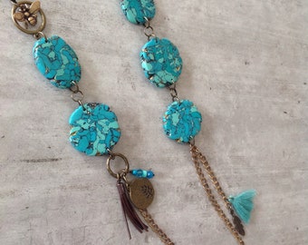 TURQUOISE STONE & LEATHER necklace with polymer clay