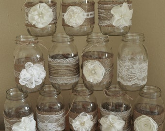 Set of 12 Mason Jar Sleeves, Burlap Wedding, Rustic Wedding Centerpieces, Burlap and Lace Mason Jars, Jars not Included