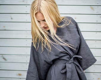 Linen robe, linen bathrobe, dressing gown, morning gown, night gown, stonewashed softened linen robe, dark grey, eco organic clothing
