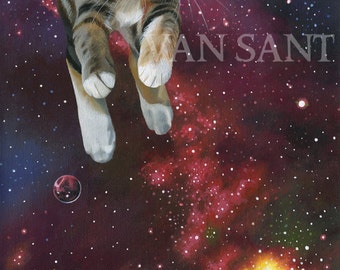 SPACE KITTY Original Painting - surreal cat in outer space original art by Susan Van Sant