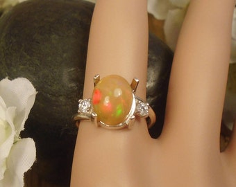 Orange Ethiopian Extreme Fire Opal 2 Birthstone Accent Gems Ring, Solid Sterling Silver, 2.73 Cts 11 x 9.10 mm Natural AAA+++ Ethiopian Opal