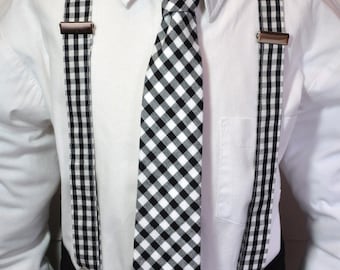 Suspenders and Necktie Set for Boys or Men in Black and White Gingham