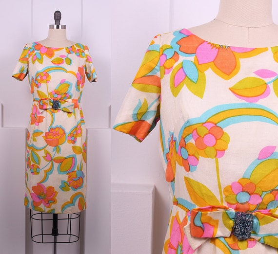 Vintage 1960's Silk Shantung Floral Day Dress 60's