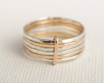 Stacking Ring Set - Skinny Stacking Rings - Solid Gold Stacking Rings - Linked Stacking Rings - Mixed Metal Stacking Rings - Hammered Rings