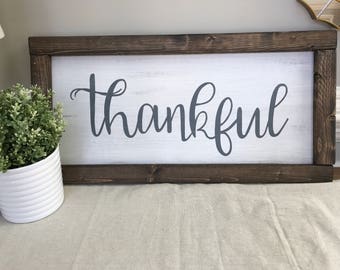 Thankful Wall Sign, Rustic Sign, Farmhouse Wall Art, Wood Sign, Calligraphy Letters, Painted Sign, White Wood Sign, Wood Frame, Thankful