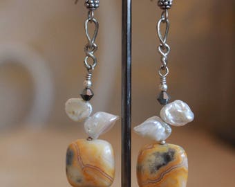 Lace agate and keshi pearl earrings