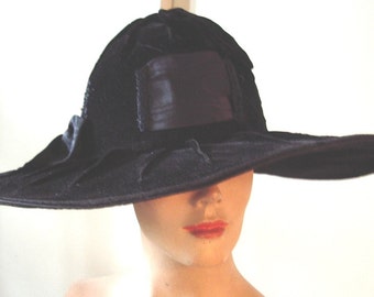 All Original Edwardian Era Dramatic Large Brim Black Velvet Hat Item # 818 Hats