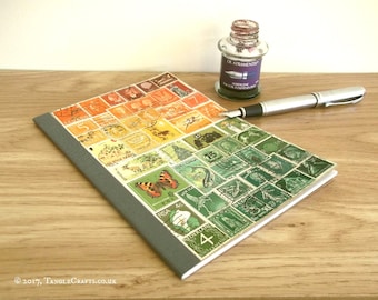 Postage Stamp Travel Journal, Sunset Landscape of Upcycled Stamps | A5 Travelers Notebook Insert | travel notebook, eco friendly travel gift