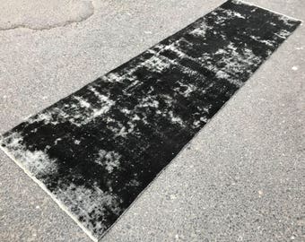 Vintage Black Runner Rug, Vintage Rug,Flor rug, Decorative rug 2'8x10 feet. hand made rug,area rug, Bohemian Rug,Overdyed Rug. 304x87 cm.