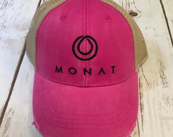 Embroidered Monat Hair Inspired Distressed Trucker Hat in Several Colors