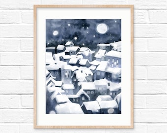 Winter night illustration of a city town village | winter night sky | winter city landscape | watercolor night winter city
