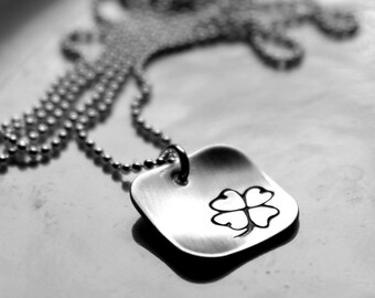 Hand Stamped Shamrock Necklace, Sterling Silver Square Pendant, Four Leaf Clover, St. Patrick's Day Jewelry, Irish, Lucky