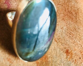 Labradorite Ring Blue Flash Labradorite 28 mm Big Labradorite Ring Oval Gemstone Ring 925 Sterling Silver labradorite Statement Ring Size 6