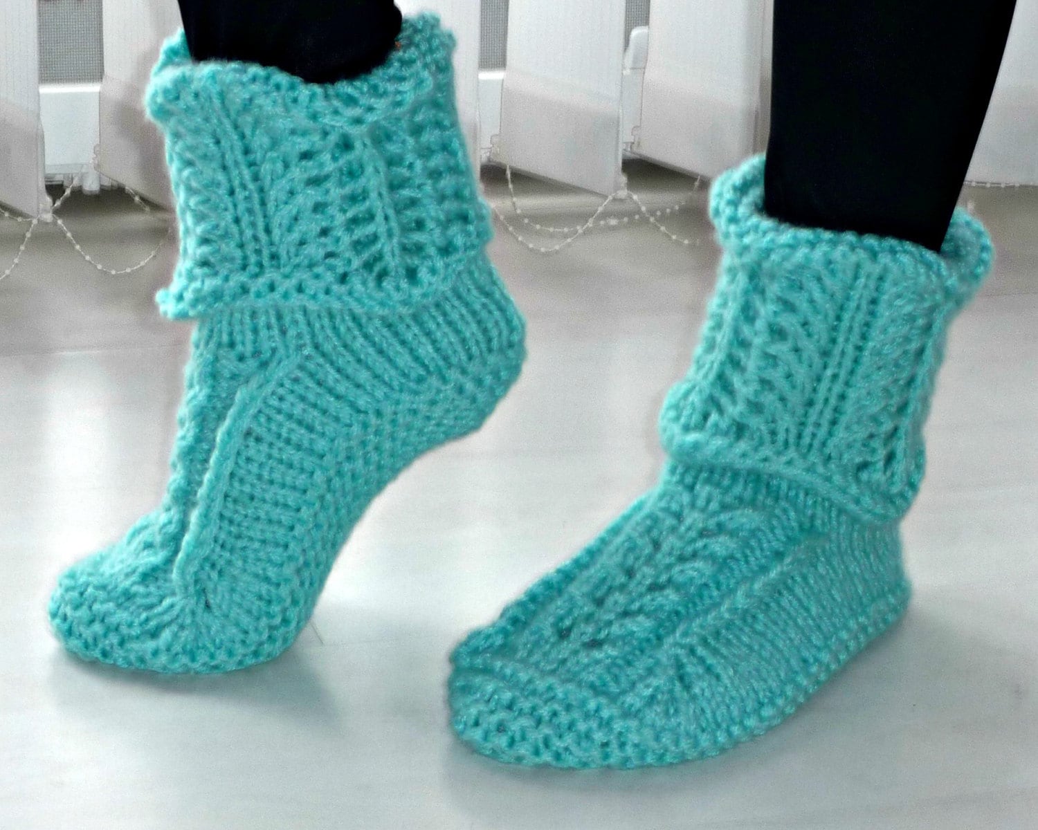 Womans Hand knitted Slipper Boot with Lace Detail